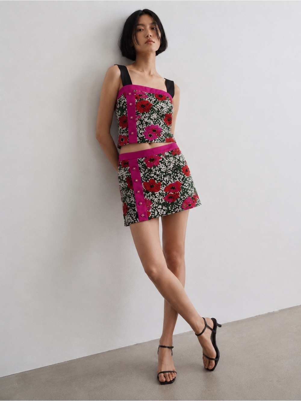Floral Textured Two-Piece Set | Embellished Top & Mini Skirt | Y2K Style